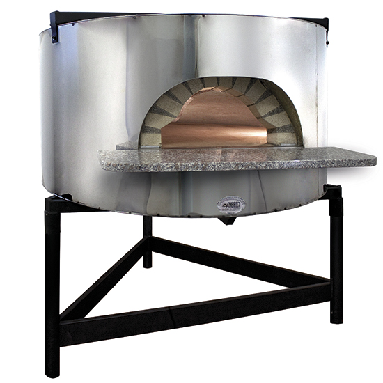 forno pizza a legna con facciata in acciao inox, platea ø 1300 mm, capacità 6/7 pizze