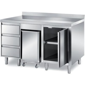 Tavolo armadiato con 1 anta a battente, tramoggia carrellata porta ingredienti e cassettiera a 3 cassetti, alzatina posteriore, dim. mm 1500x700x850 h