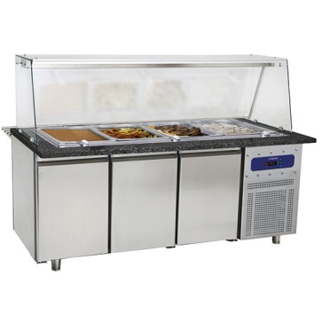 banco di preparazione riscaldato a 3 porte con struttura in vetro, 5x GN 1/1 h=100 mm