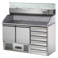 Banco per pizzeria 2 porte GN 1/1, 6 cassetti EN, sovrastruttura refrigerata 5x GN 1/4.