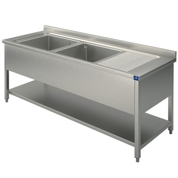 lavello, 2 vasche, gocciolatoio destro, su gambe, con ripiano, 1800x600 mm