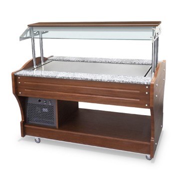 Buffet freddo professionale a isola con piano refrigerato statico, 4x GN 1/1, cappa non abbassabile.