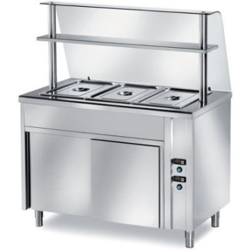 Tavolo caldo self-service vano inferiore ventilato, 4000 watt, tamburato, vasca raggiata h 200, capacità n 3 bacinelle gn 1/1 h 150 (bacinelle escluse) mm 1200x700x1400 h + vetro curvo temperato