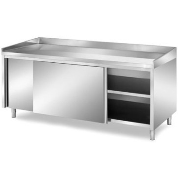 Tavolo panetteria con scorrevoli, piano raggiato su un fronte h=60mm e alzatine in acciaio, ripiano intermedio regolabile, mm 2000x900x850 h