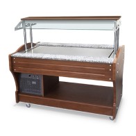 Buffet freddo professionale a isola con piano refrigerato statico, 4x GN 1/1, cappa non abbassabile.
