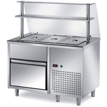 Tavolo freddo self-servie con vasca raggiata mm.30h dim. mm. 1200x700x1400h. + vetro curvo temperato