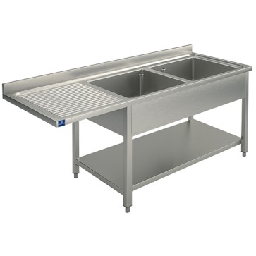 lavello su gambe per incasso lavastoviglie con ripiano, 2 vasche a destra, 1600x700 mm