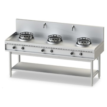 piano di cottura wok a gas con ripiano, 3 fuochi, 2 rubinetti acqua