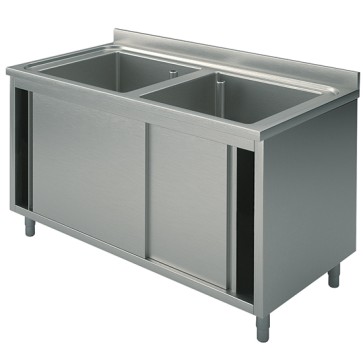 lavello armadiato, 2 vasche, con porte scorrevoli, 1600x600 mm