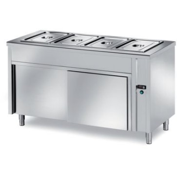Tavolo caldo self-service vano inferiore armadiato neutro con scorrevoli - vasca raggiata h 200 bagnomaria - bacinelle gn escluse mm 1500x700x890 h