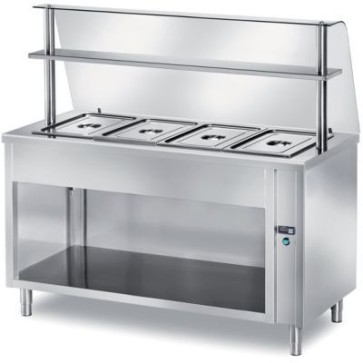 Tavolo caldo self-service vano inferiore a giorno - vasca raggiata h 200 - bagnomaria bacinelle gn escluse mm 1200x700x1400 h + vetro curvo temperato