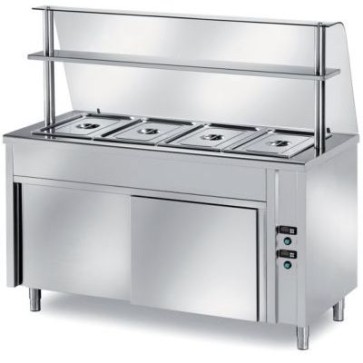 Tavolo caldo self-service vano inferiore ventilato, 4000 watt, tamburato, vasca raggiata h 200, capacità n 4 bacinelle gn 1/1 h 150 (bacinelle escluse) mm 1500x700x1400 h + vetro curvo temperato