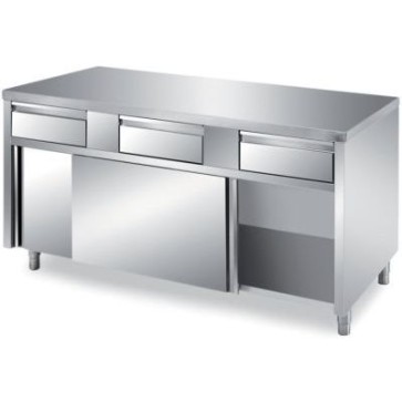 Tavolo con cassetti gn1/1 h 10 cm in linea vano inferiore con scorrevoli mm 2000x600x850 h