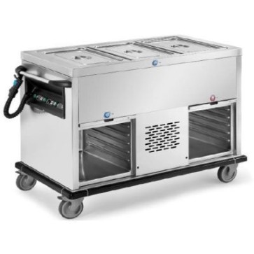 Carrello refrigerato con vasca unica refrigerata (gn escluse), n.1 vano refrigerato + n.1 vano neutro armadiati con ante basculanti a scomparsa, capacità 50/60 pasti, 800w, dim. mm.1200x700x900h