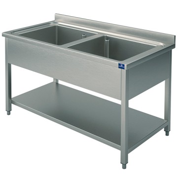 Lavello 2 vasche su gambe con ripiano, per cucine industriale 1200x700 mm