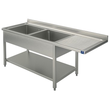 lavello su gambe per incasso lavastoviglie con ripiano, 2 vasche a sinistra, 1600x700 mm