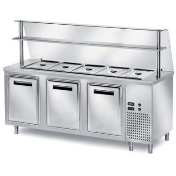 Tavolo freddo self-service con vasca raggiata h 200 - gn escluse - 3 ante refrigerate + vano motore mm 2000x700x1400 h + vetro curvo temperato