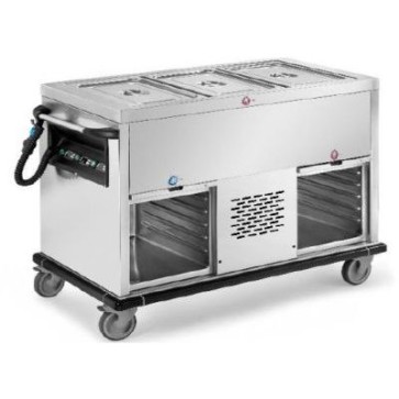 Carrello termico bagnomaria con vasca unica (gn escluse), n.2 vani refrigerati armadiati con ante basculanti a scomparsa, capacità 50/60 pasti, 2200w, dim. mm.1200x700x900h