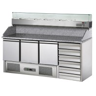 Banco per pizzeria 3 porte GN 1/1, 6 cassetti EN, sovrastruttura refrigerata 8x GN 1/4.