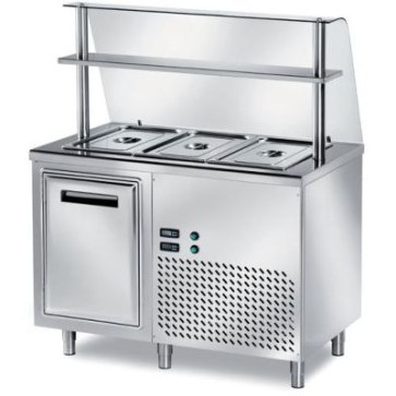 Tavolo freddo self-service con vasca raggiata h 300 + 1 anta refrigerata + 1 vano motore mm 1200x700x1400 h + vetro curvo temperato