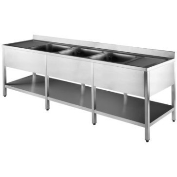 Lavatoio con ripiano inferiore a 3 vasche su 8 gambe