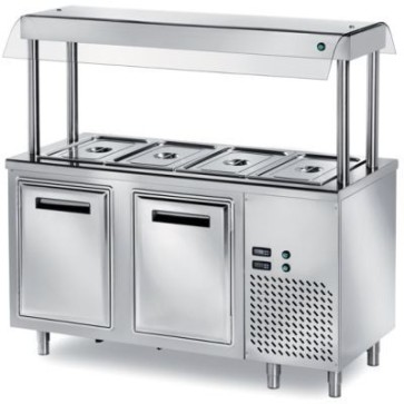 Elemento refr. con vasca h 200 - ante refr.+ vano motore con 2 controlli. mensola soprastante dotata di vetro curvo temperato ed illuminazione int. -bacinelle gn escl. mm 2000x700x1500h