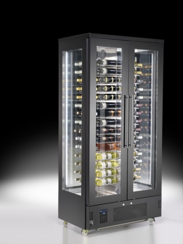 Espositore refrigerato per vini a isola per 112 bottiglie con 4 porte, +4°/+14°C