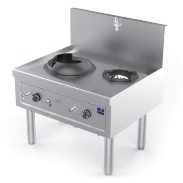 Piano di cottura wok a gas con 1 fuoco da 27,5 kW + 1 bruciatore zuppe 9,2 kW, 1 rubinetto acqua
