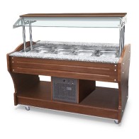 Buffet professionale freddo a isola con refrigerazione statica, 4x GN 1/1 h=150 mm, cappa non abbassabile.