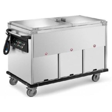 Carrello termico vasca unica struttura inox, cap. 3gn1/1 h 200 con 3 vani riscaldati mm 1200x700x1000 h con coperchi a ribalta