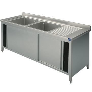 lavello armadiato, 2 vasche, gocciolatoio destro,con porte scorrevoli, 1800x700 mm