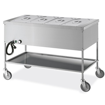 Carrello bagnomaria con ripiano inferiore, 4 vasche GN 1/1 h=200 mm, 4 temperature