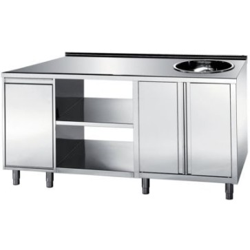 Tavolo caffetteria realizzato in acciaio inox lucido. composto da due battenti, vano a giorno, tramoggia basculante, alzatina posteriore h=30mm, vasca diam.420mm - mm 1800x700x900 h