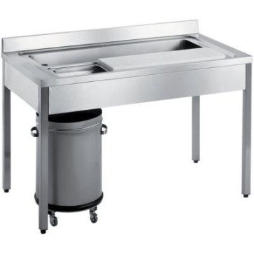 Tavolo lavaverdure senza pattumiera carrellata, ripiano in teflon mm 1300x700x850 h