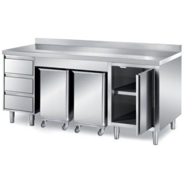 Tavolo armadiato con 1 anta a battente, 2 tramogge carrellate porta ingredienti e 1 cassettiera a 3 cassetti h=150mm, alzatina posteriore, dim. mm 2000x800x850 h