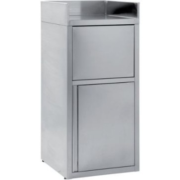 Tramoggia self-service per scarico vassoi.piano con alzatina su 3 lati h 150 mm - anta a battente per alloggio pattumiera crc/2 - sportello basculante per scarico vassoi mm 600x600x1300 h