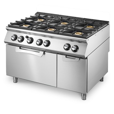 Cucina a gas professionale su forno a gas statico GN 2/1 con 6 bruciatori.