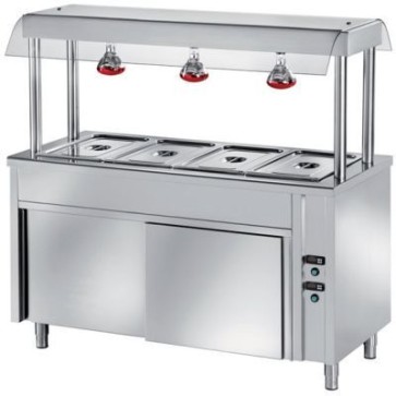 Elemento bagnomaria isola centrale. vasca raggiata h200 per gn1/1 h150 (bacinelle escluse), cap. 3 gn1/1, vano inf. caldo. mensola dotata di vetro e 3 lampade risc., mm 1200x700x1500h