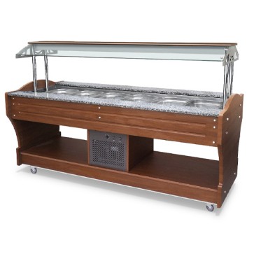 Buffet professionale freddo a isola con refrigerazione statica, 6x GN 1/1 h=150 mm, cappa non abbassabile.