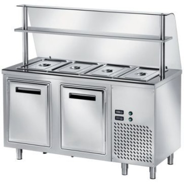 Tavolo freddo self-service con vasca raggiata h 200 - gn escluse - 2 ante refrigerate + vano motore mm 1500x700x1400 h + vetro curvo temperato