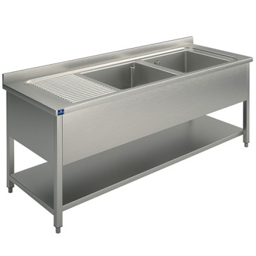lavello, 2 vasche, gocciolatoio sinistro, su gambe, con ripiano, 1400x600 mm