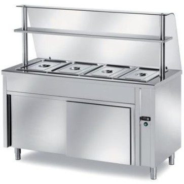 Tavolo caldo self-service vano inferiore armadiato neutro con scorrevoli - vasca raggiata h 200 - bagnomaria bacinelle gn escluse mm 1500x700x1400 h + vetro curvo temperato