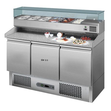 Banco pizza con 3 porte GN 1/1 piano in granito e vetrina refrigerata portabacinelle GN 1/3